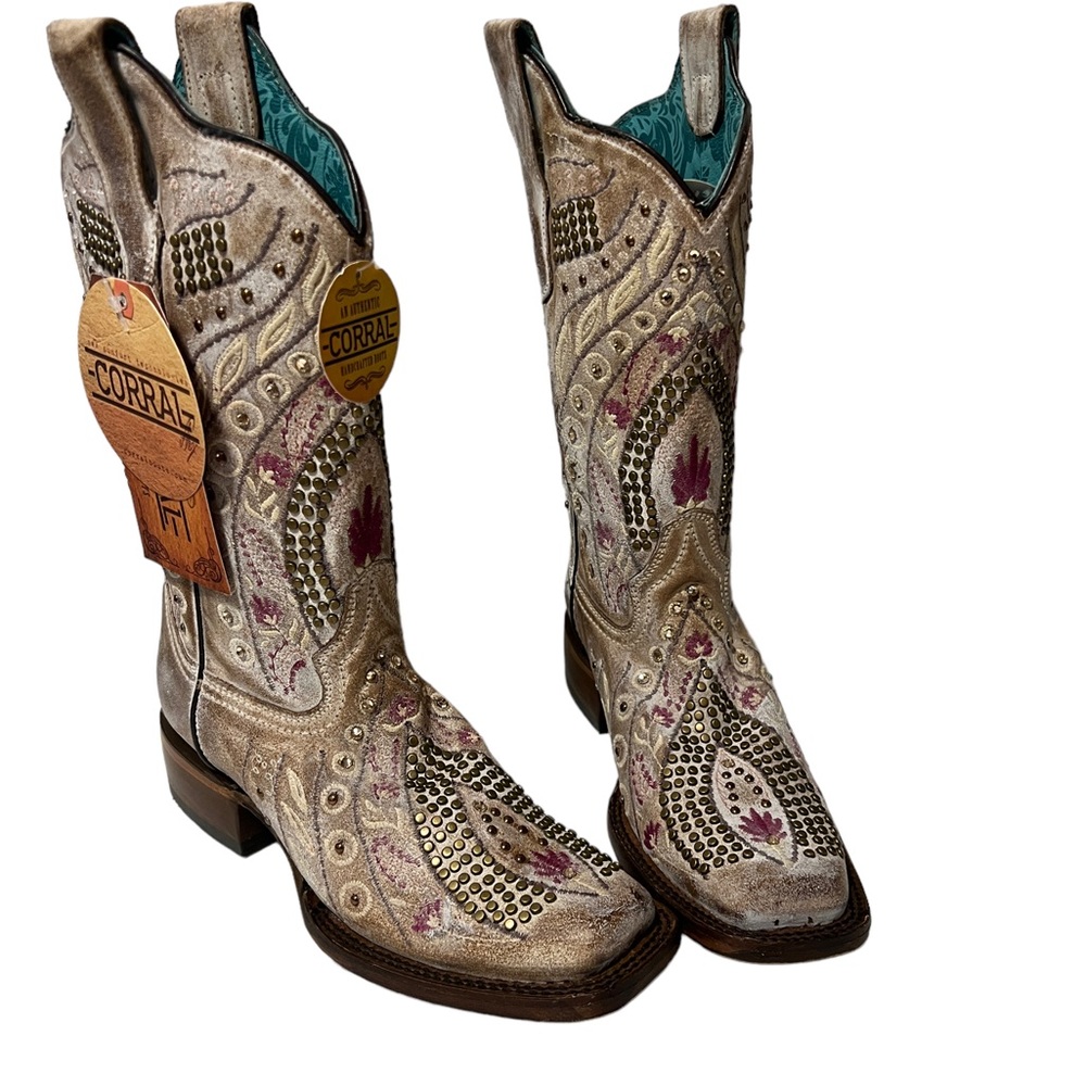 Corral tan studded embroidered floral cowboy boots